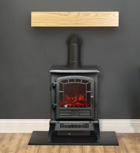 Black electric stove fire - stove, oak